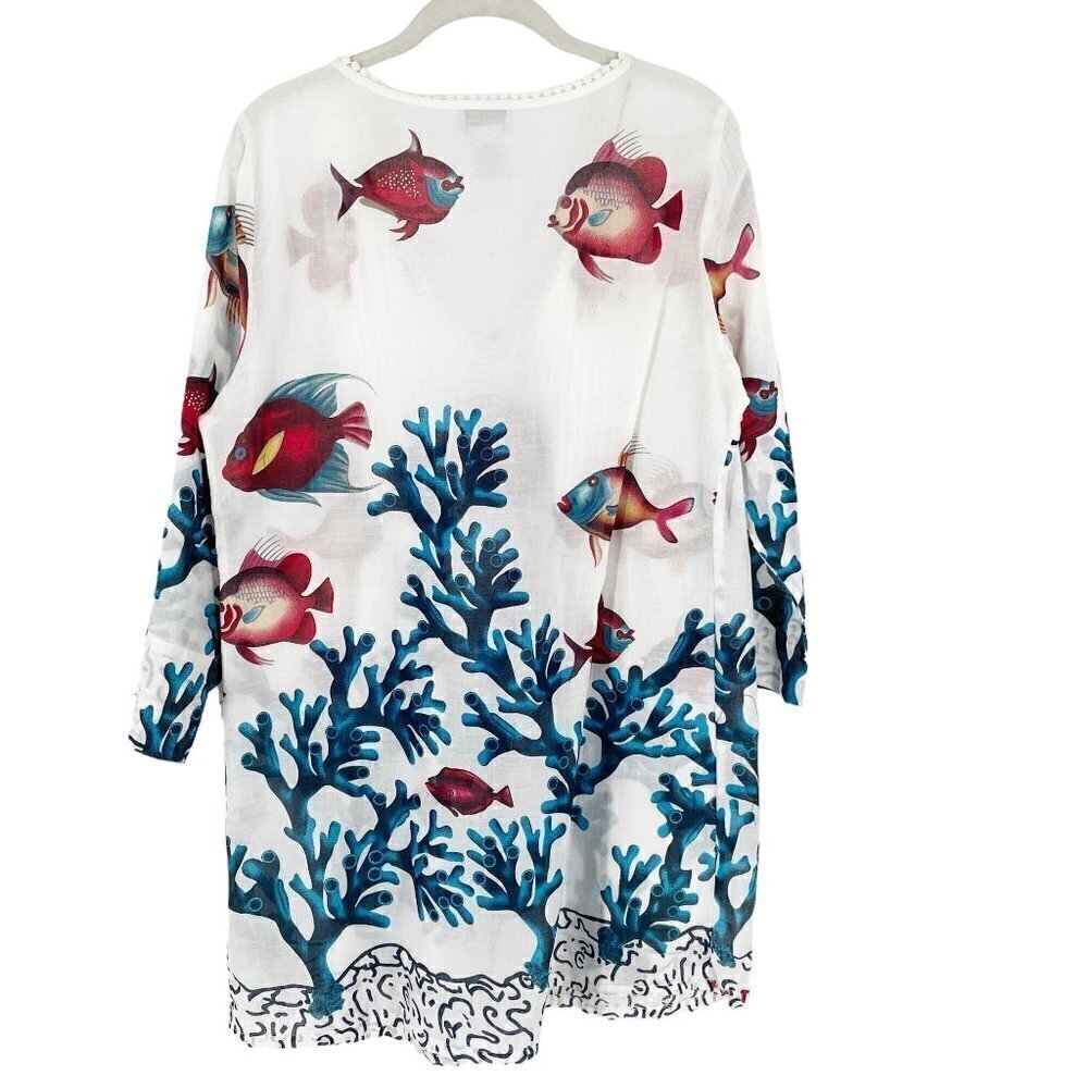 Soft Surroundings Seychelles Bead Trim White Fish and Coral Print Tunic PM - Picture 4 of 8